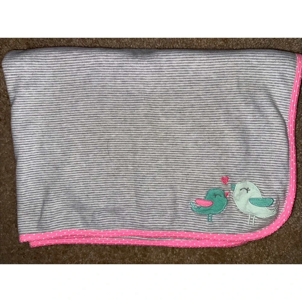 Carter's Gray Stripe Baby Girl Love Heart Birds Cotton Pink Dot Trim Blanket EUC